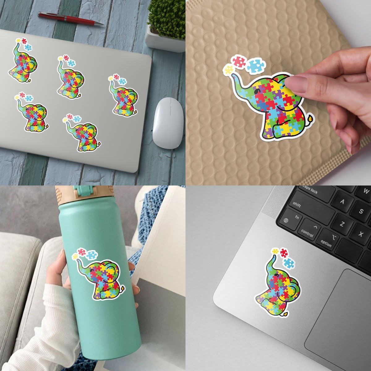 (3PCs) Autism Awareness Elephant Vinyl Sticker, Cute Elephant Puzzle Piece Sticker Vinyl Decal, Autism Awareness Waterproof Sticker - Stickers for Laptop Water Bottle Phone Car Helmet 3"
