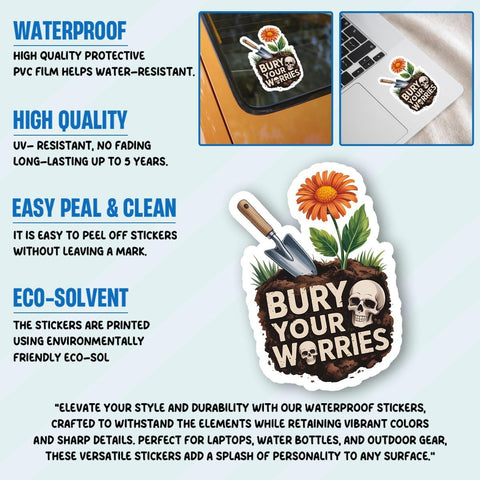 3PCS Bury Your Worries 3" Sticker, Gifts Gothic Positive Message Skull Vinyl Decal Waterproof for Laptop, Car, Journal, Gift for Alternative and Emo Aesthetic, Gift for Coworkers