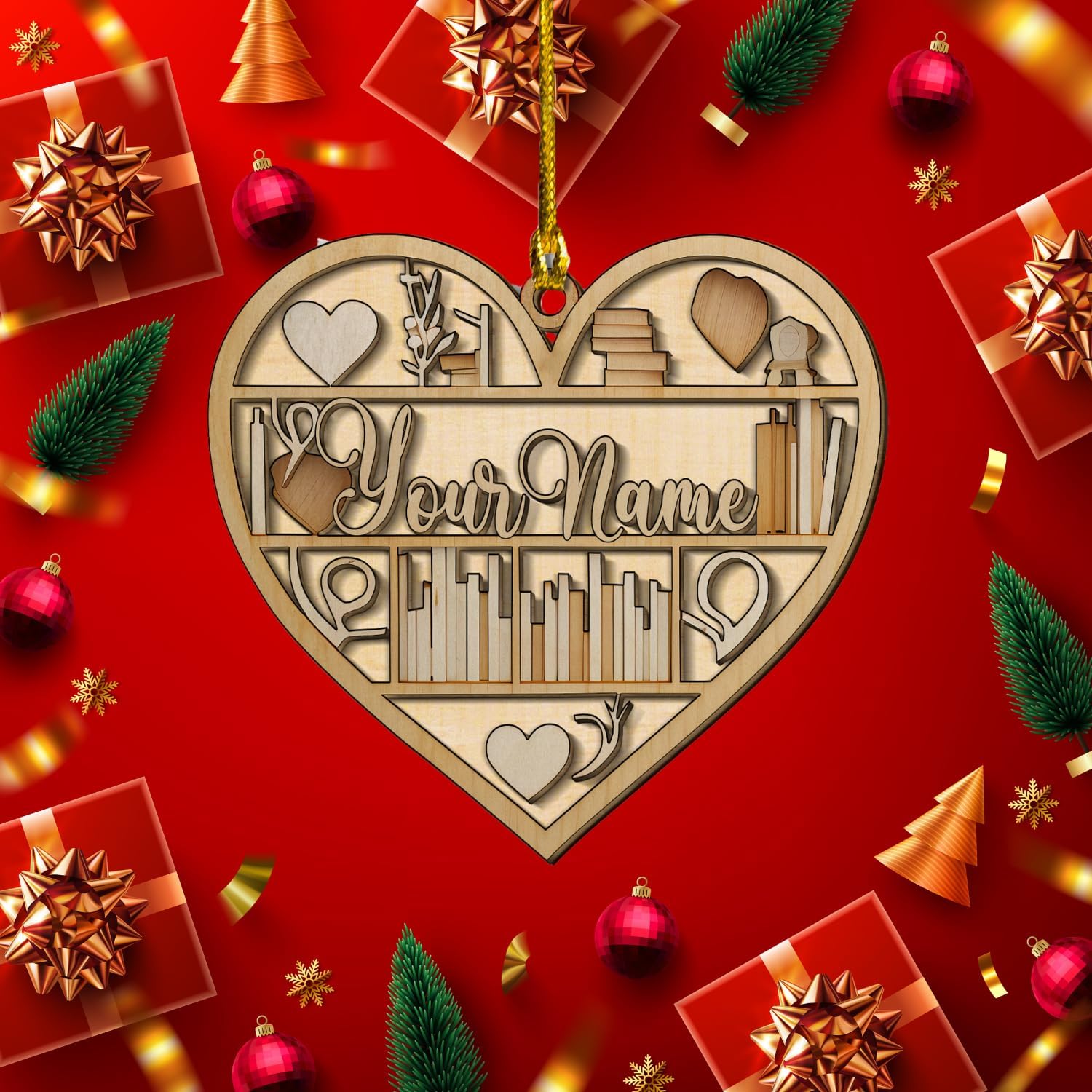 MAPrints Personalized Book Lovers Heart Ornament, Reading Book Xmas Ornament 2024, Bookshelf Wood Ornament Gift for Her Librarian 2D Flat Printed Wood Book Lovers Ornament (Book 3)