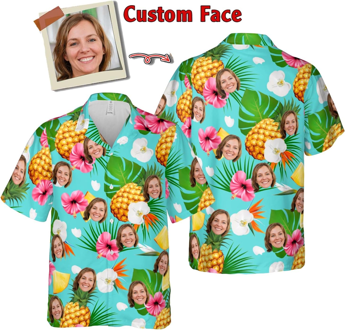 Customized Tropical Floral Hawaiian Shirt with Face for Men and Women, Wife's Husband\u2019s Photo Aloha Beach Fruit Flower Shirts