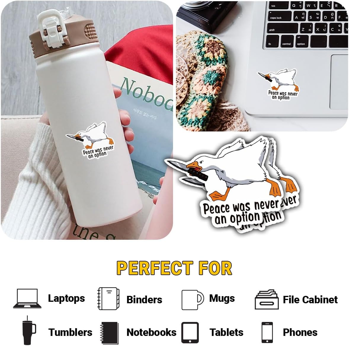 3 Pcs Peace was Never an Option Silly Goose Sticker, Strong Goose Knife Chick Meme Sticker, Peace was Never an Option Decals for Notebook Water Bottle Tumbler Phone Case Laptop 3"x3" (OP1)