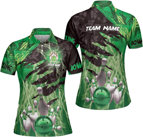 Custom 3D Bowling Polo Shirts for Women Personalized Team Name Gift Womens Customized Funny Bowling Short Sleeve Polo Shirt