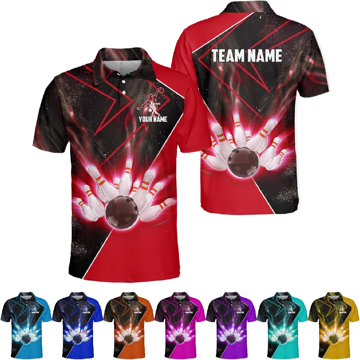 Personalized Name Bowling Polo Shirts 3D for Men & Women, Custom Bowling Shirts for Team, Bowling Team Polo Shirt (PE + 3-5% Spandex, PL98)
