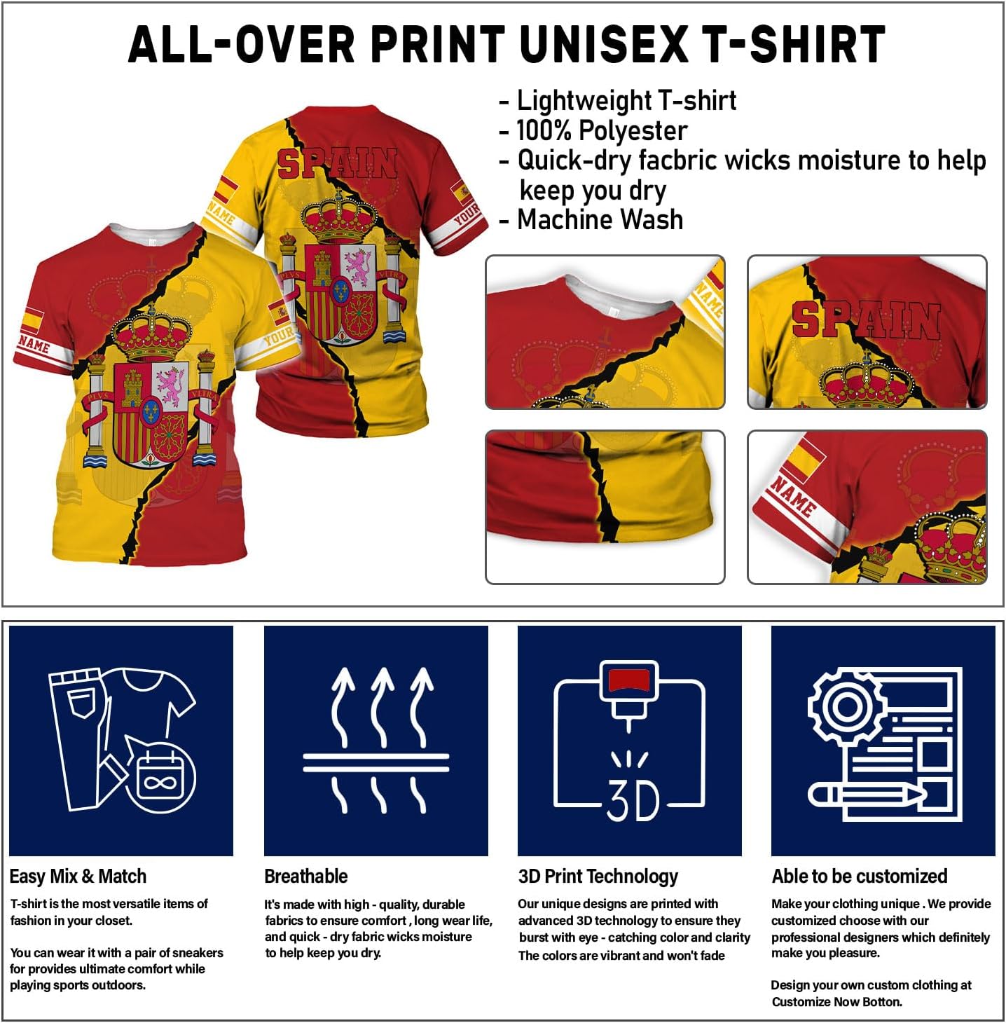 Ligthuy Personalized Name Spain Shirt 3D, Custom Spainish Shirt Flag for Men and Women, Italia Shirt Soccer Unisex Size