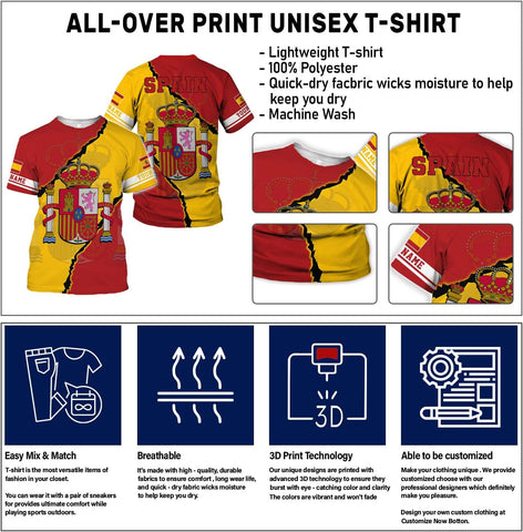 Ligthuy Personalized Name Spain Shirt 3D, Custom Spainish Shirt Flag for Men and Women, Italia Shirt Soccer Unisex Size