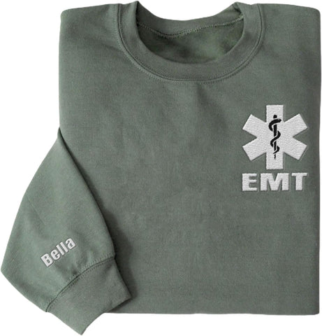 Personalized EMT EMS Paramedic Thin White Line Embroidered Sweatshirt, EMT Student, EMT Future, Medical Worker (Cotton, SS133)
