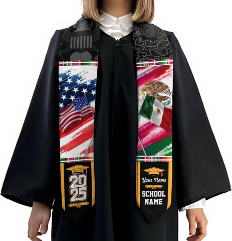 Custom Mexican Graduation Sash, Mexico Graduation Stole Customize Photo, Mexican American Flag Graduation Sash 2025