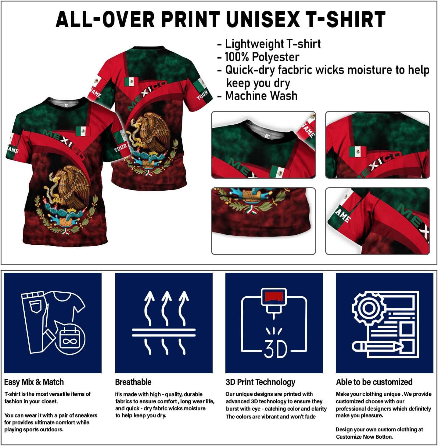 Mostprints Personalized Name Mexican Shirts for Men 3D, Customized Mexico Shirts for Men, Mexico Shirts for Women Mexico Shirt