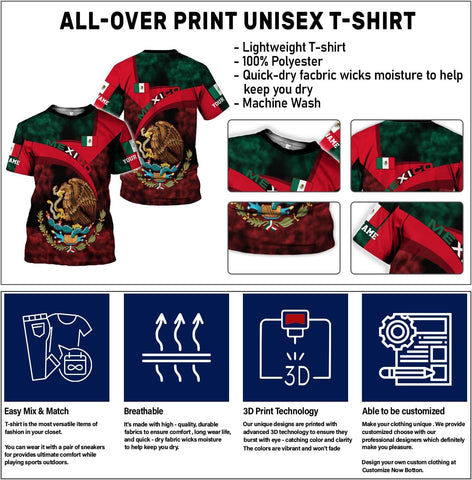 Mostprints Personalized Name Mexican Shirts for Men 3D, Customized Mexico Shirts for Men, Mexico Shirts for Women Mexico Shirt