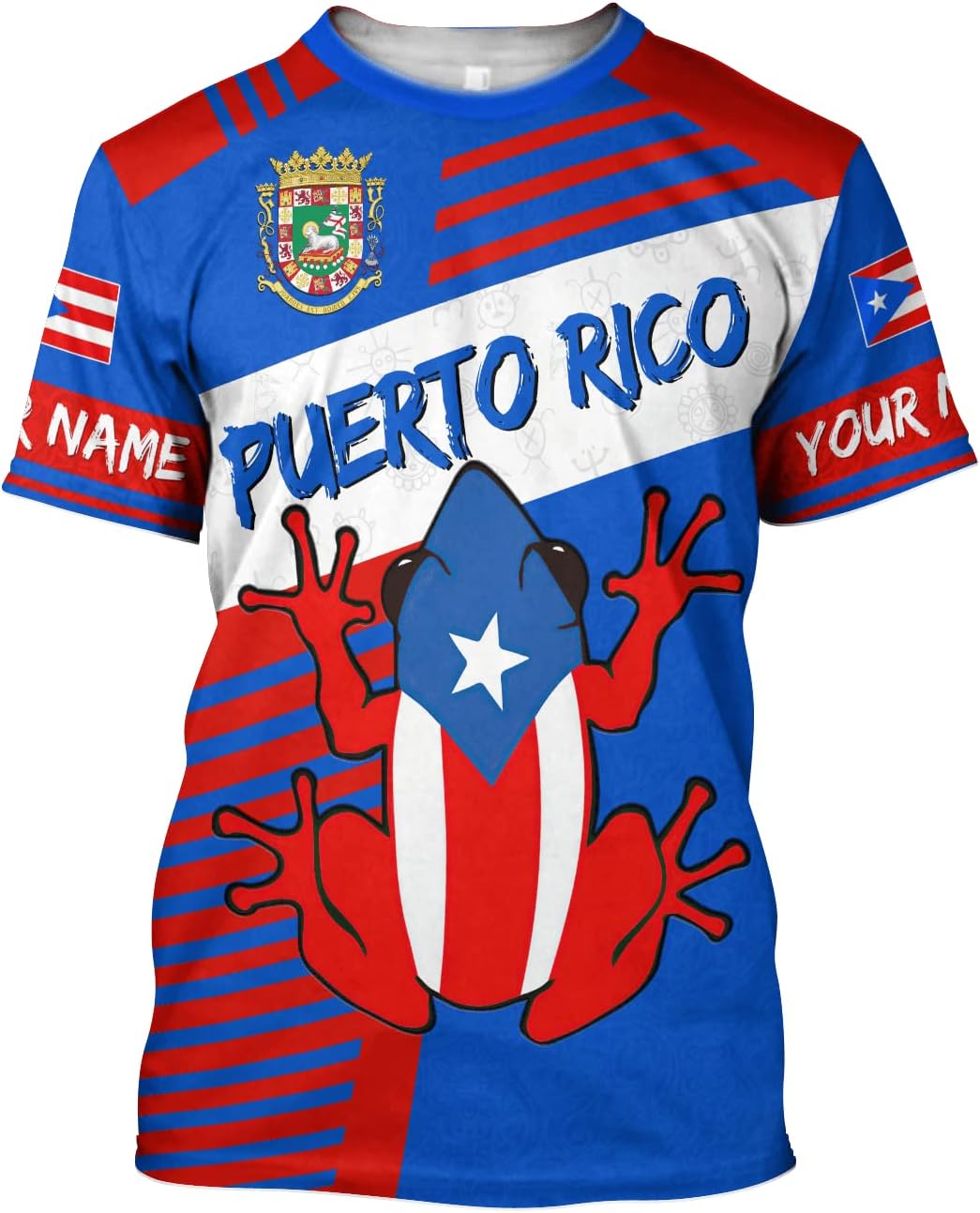 AOVL Personalized Puerto Rico Flag 3D Shirt - Unisex Adults - Red - Short Sleeve - Crew Neck - Modern - Polyester Blend - Fade Resistant - Size L