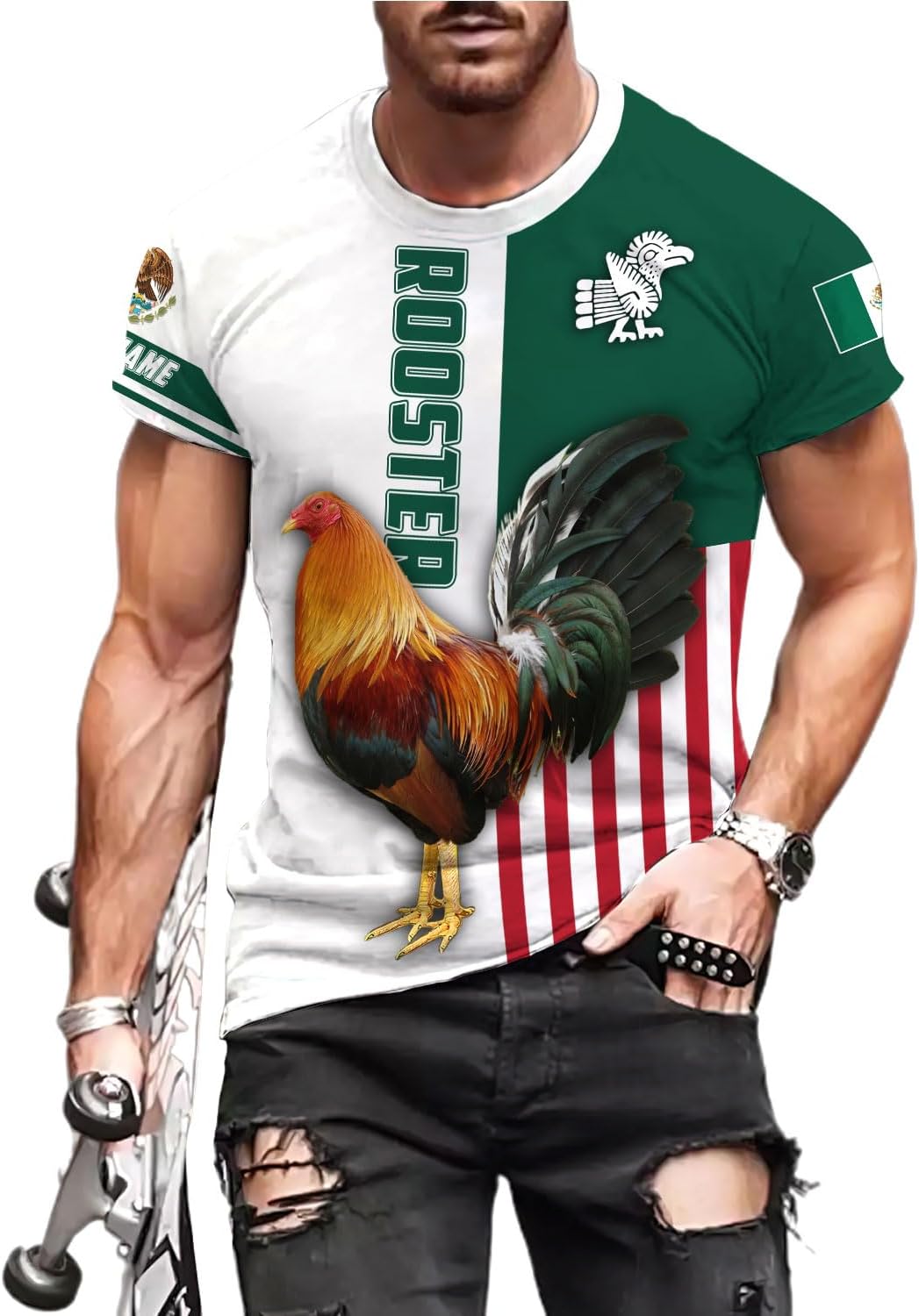 MoonArt Personalized Name Mexican Shirts for Men, Rooster Mexico Shirts for Men, Mexico Shirt Eagle Flag Mexican Eagle