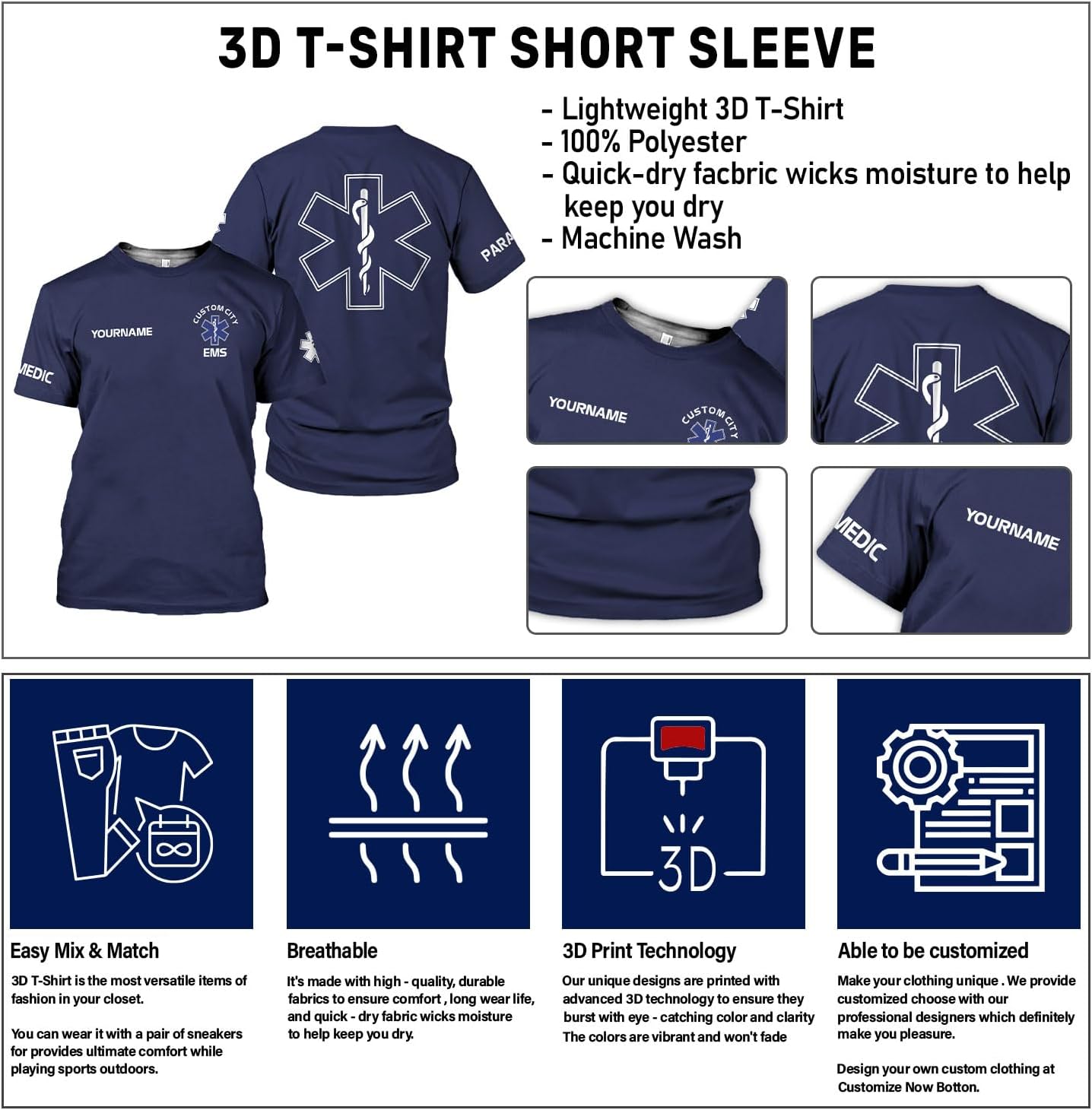 Custom EMS EMT Shirts Men Women, Personalized Paramedic Uniform Emergency Medical Technician Apparel, EMS Week Gifts