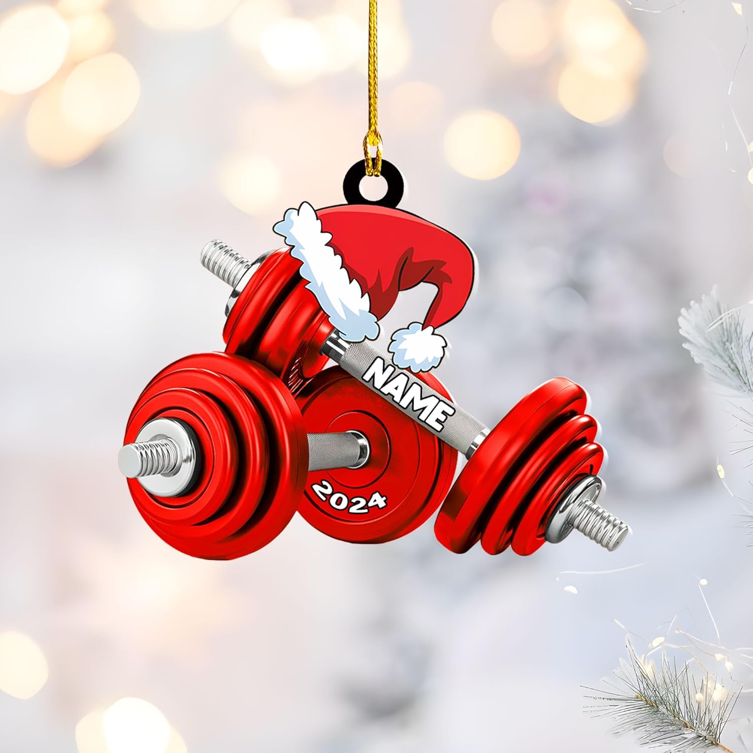 Personalized Dumbbell Ornament, Exercise Equipment Gym Christmas Ornament, Merry Fitness Gym Workout Trainer Coach Instructor, Barbell Weight Plates Weightlifter Gym Chair & Barbell (DBT1)