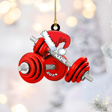 Personalized Dumbbell Ornament, Exercise Equipment Gym Christmas Ornament, Merry Fitness Gym Workout Trainer Coach Instructor, Barbell Weight Plates Weightlifter Gym Chair & Barbell (DBT1)