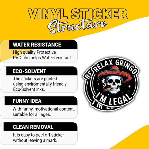 3PCS Relax Gringo I'm Legal 3" Sticker – Funny Mexican Immigrant Humor Vinyl Decal for Hard Hat, Laptop, Water Bottle, Car Bumper, and More