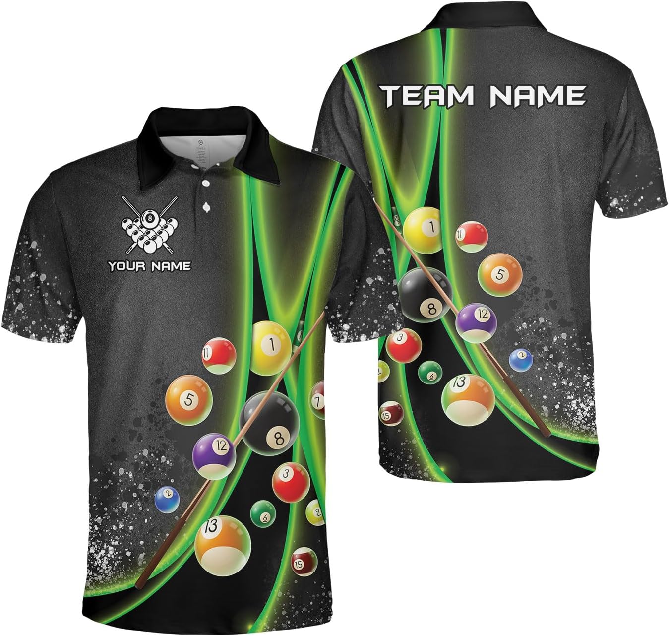 MoonArt Personalized Billiard Polo Shirts, Billiards Shirts for Men, Pool Shirts, 3D Billiards 8 Ball Pool, Billiard Team