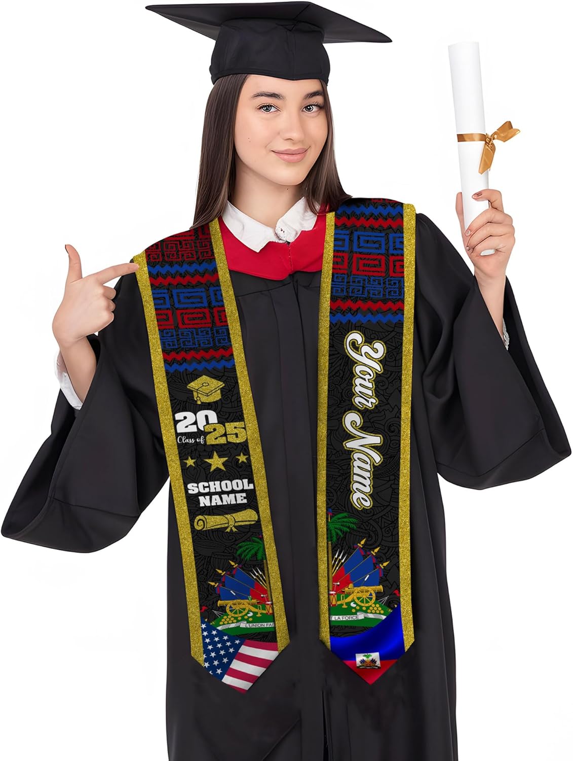 Pretyprints Haitians Graduation Sash, Haiti Graduation Stole Custom, Personalized Haitians American Flag Graduation Sash 2025