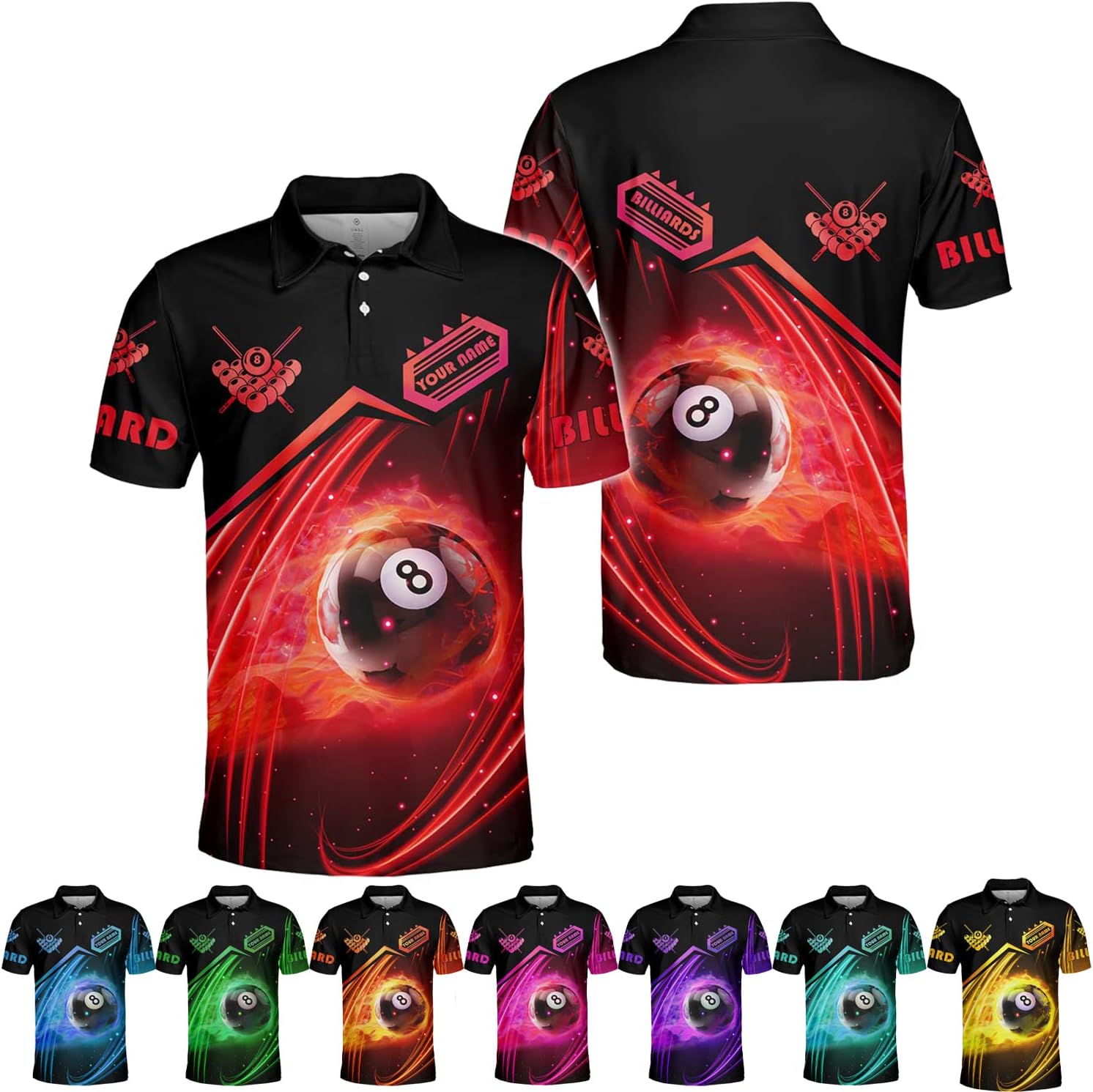 Riveprints Personalized 8 Ball Polo Shirt, Billiard Shirt Custom Billiard Player 3D Print Shirts for Men Women Teams Pool