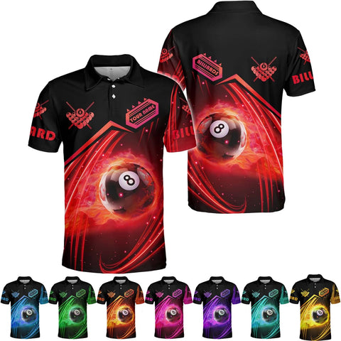 Riveprints Personalized 8 Ball Polo Shirt, Billiard Shirt Custom Billiard Player 3D Print Shirts for Men Women Teams Pool