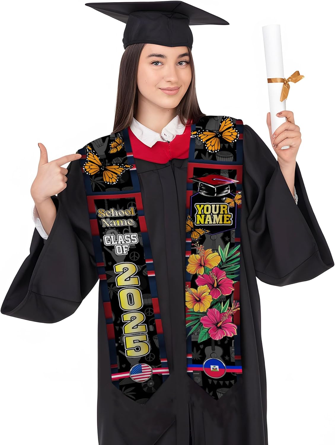 Pretyprints Haitians Graduation Sash, Haiti Graduation Stole Custom, Personalized Haitians American Flag Graduation Sash 2025