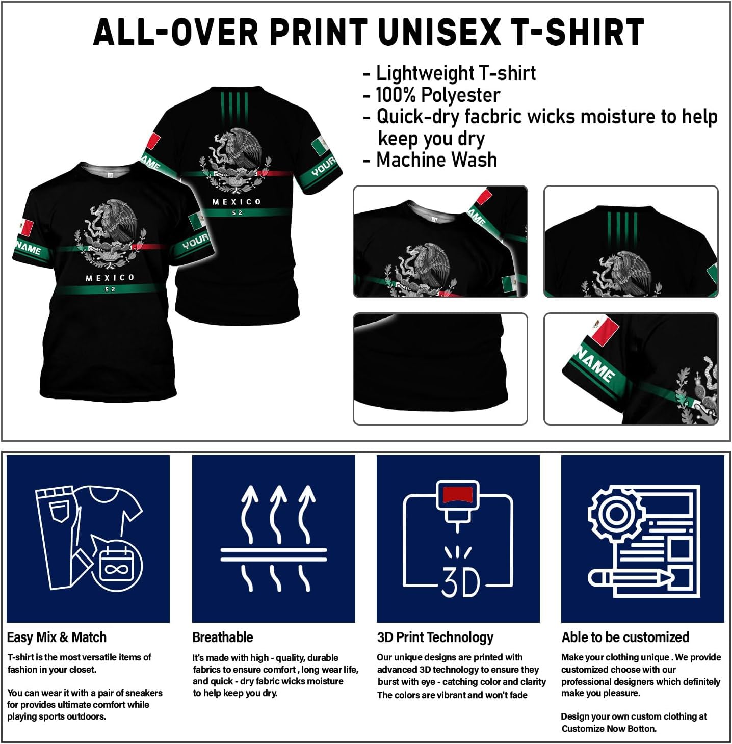 Rivelus Personalized Name Mexican Shirts for Men, Customized Mexico Shirts for Men, Mexico Shirts for Women Mexico Shirt
