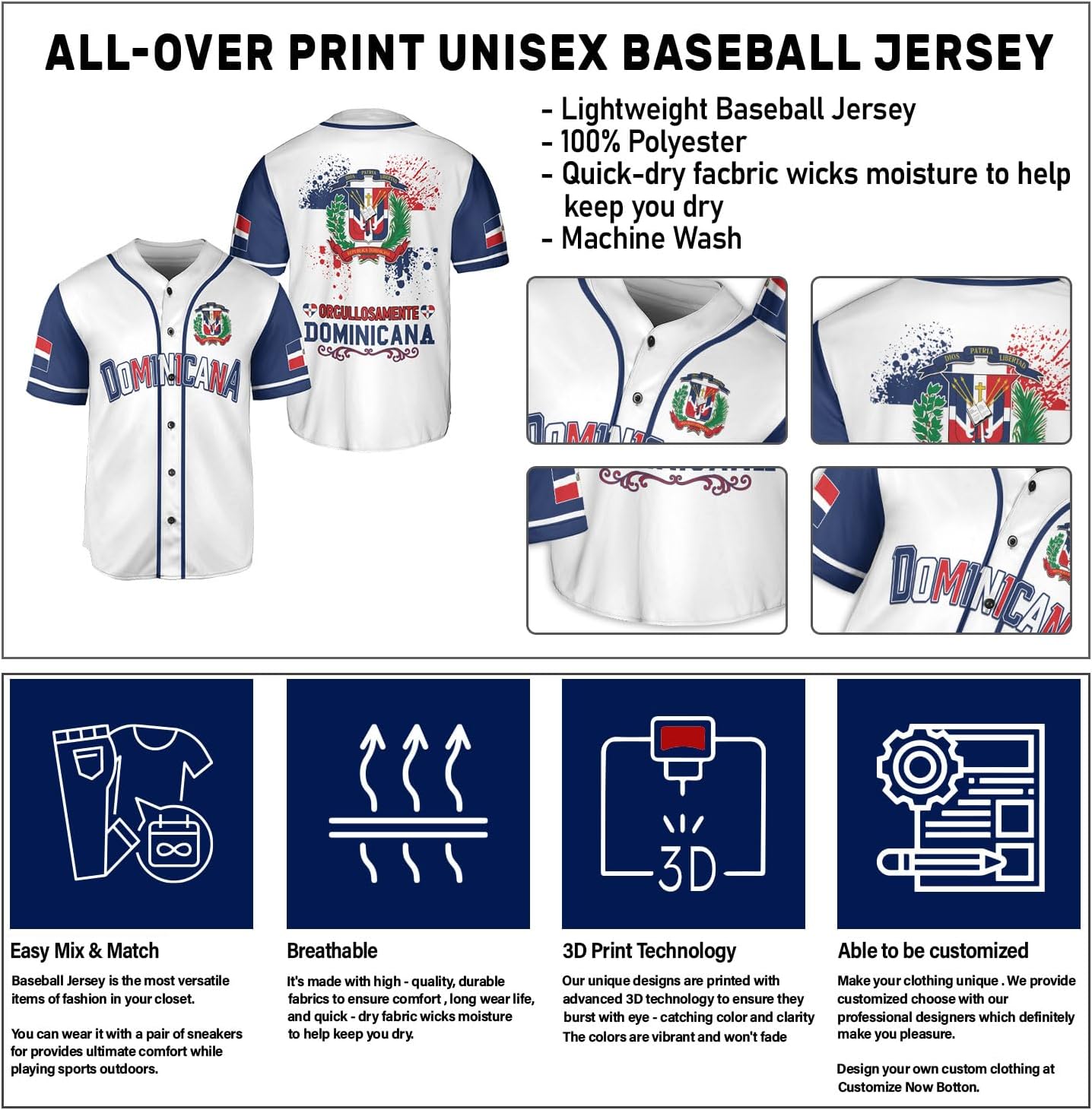 Custom Dominican Jersey for Men Dominican Baseball Jersey Dominican Baseball Jersey Dominicana Shirt Dominican Flag Jersey
