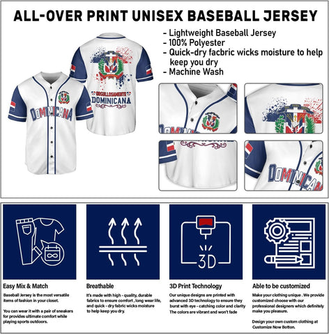 Custom Dominican Jersey for Men Dominican Baseball Jersey Dominican Baseball Jersey Dominicana Shirt Dominican Flag Jersey