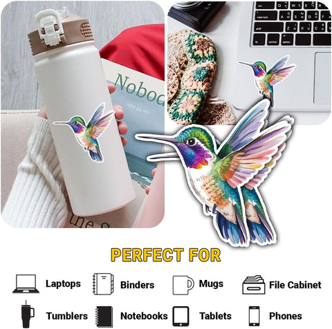3PCS Colorful Hummingbird 3" Sticker, Artistic Rainbow Watercolor Bird Vinyl Decal Waterproof for Laptop, Water Bottle, Scrapbook, Notebook, Tumbler – Gift for Bird Lovers & Nature Fans