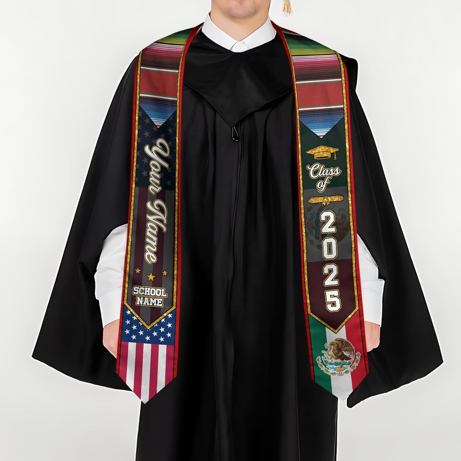 Custom Mexican Graduation Sash, Mexico Graduation Stole Customize Photo, Mexican American Flag Graduation Sash 2025