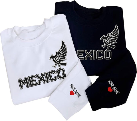 Mostprints Personalized Name Embroidered Mexico Sweatshirts, Customized Name Shirts Mexican US Flag, Mexico Hoodies Shirt