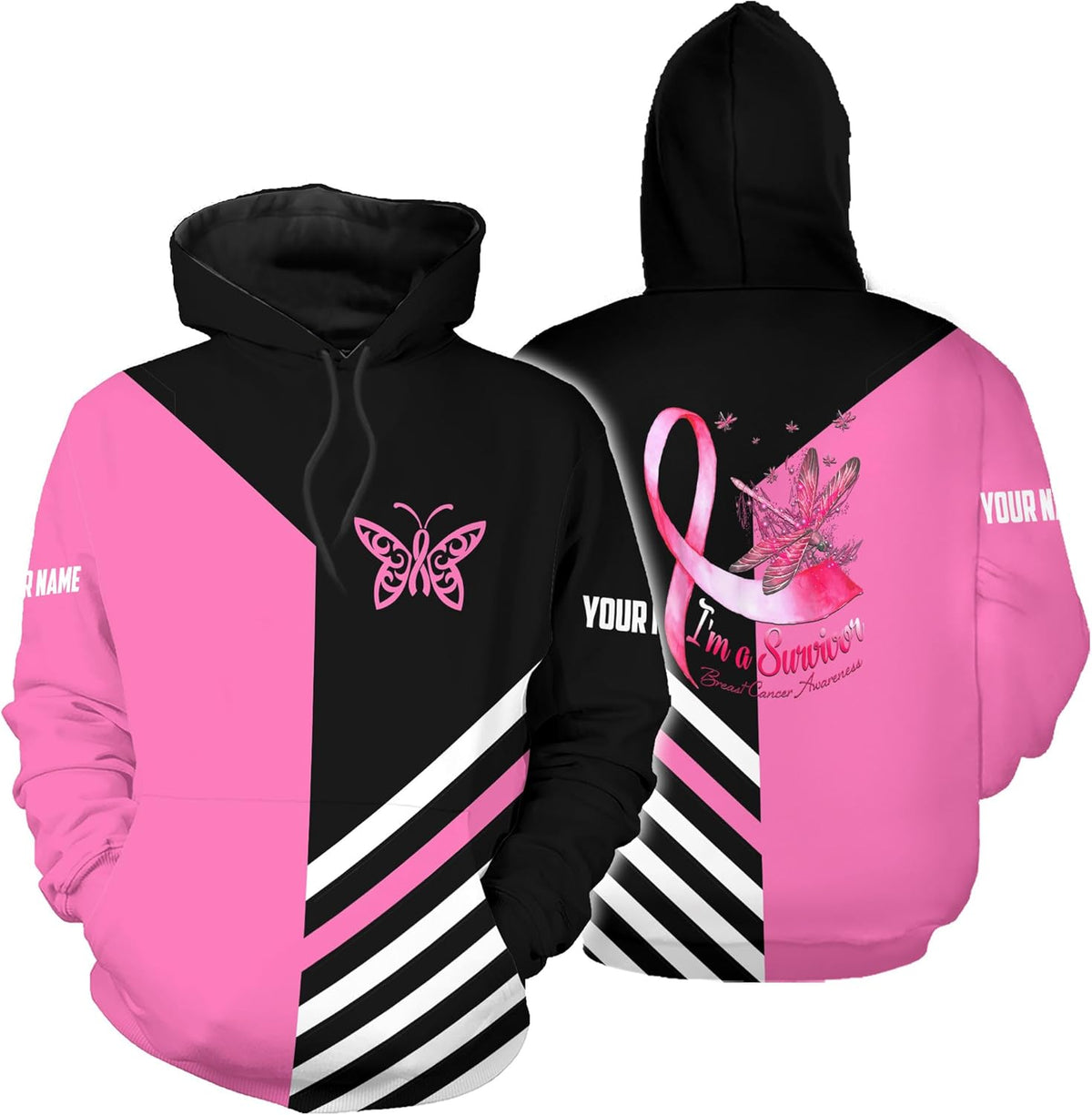 Podagree Personalized Breast Cancer Hoodie 3D, Pink Ribbon Awareness Sweatshirt, Survivor Pride Breast Cancer Zip Hoodie