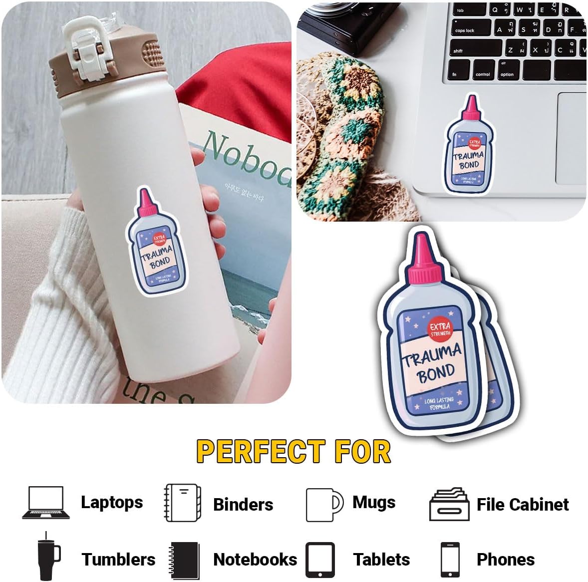3 Pcs Trauma Bond Sticker, Funny Mental Health Gift for Therapy, Sarcastic Humor Bonding Decal, Self Care Notebook Vinyl Sticker 3 Inches for Water Bottle Laptop Phone Car Helmet