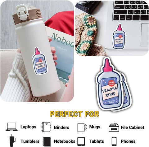 3 Pcs Trauma Bond Sticker, Funny Mental Health Gift for Therapy, Sarcastic Humor Bonding Decal, Self Care Notebook Vinyl Sticker 3 Inches for Water Bottle Laptop Phone Car Helmet