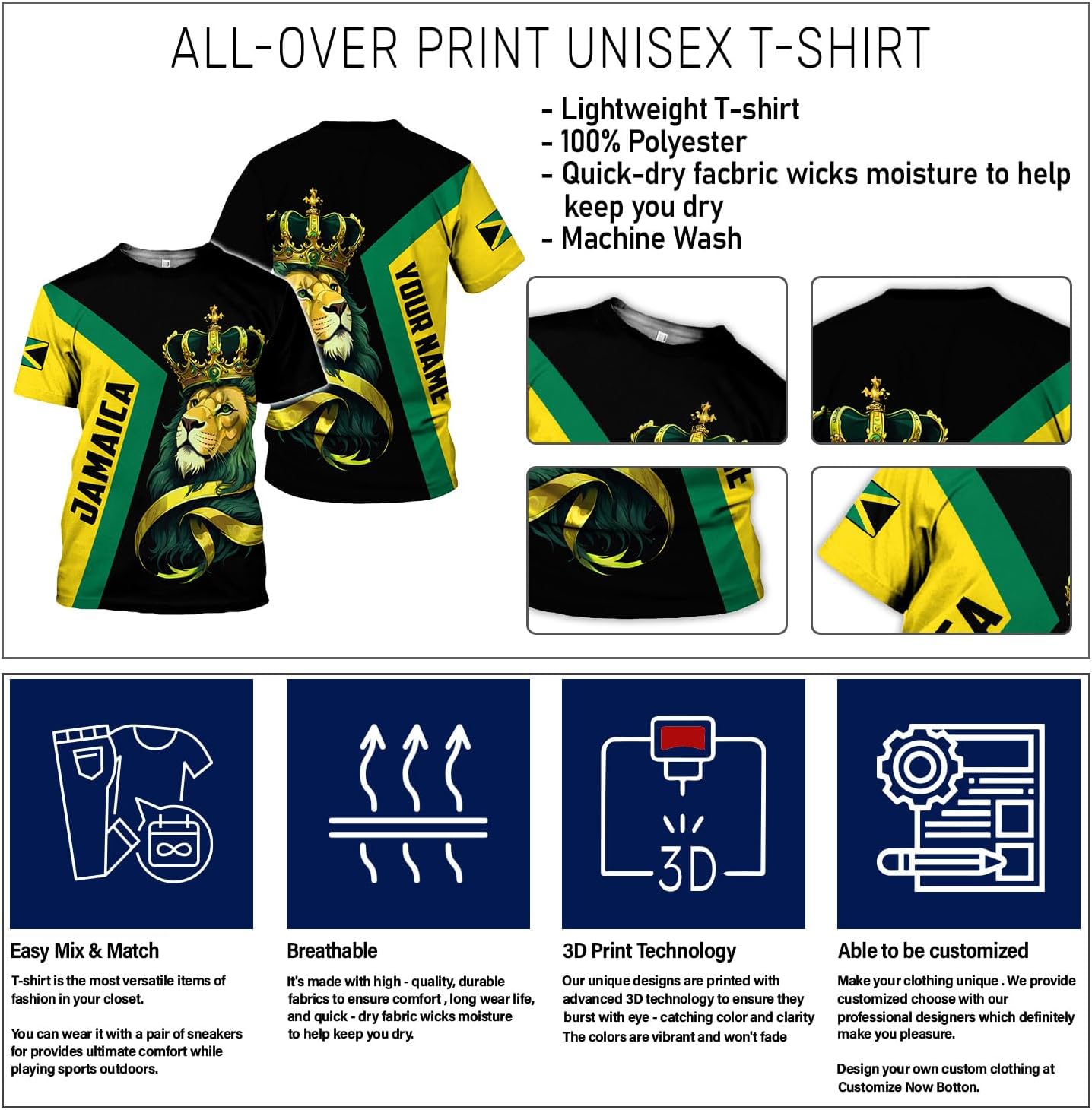 AOVL Personalized Jamaica Shirts Jamaican Pride T-Shirt Jamaica Flag Lion Tshirt Jamaicana Shirts Jamaica Shirt for Men Women