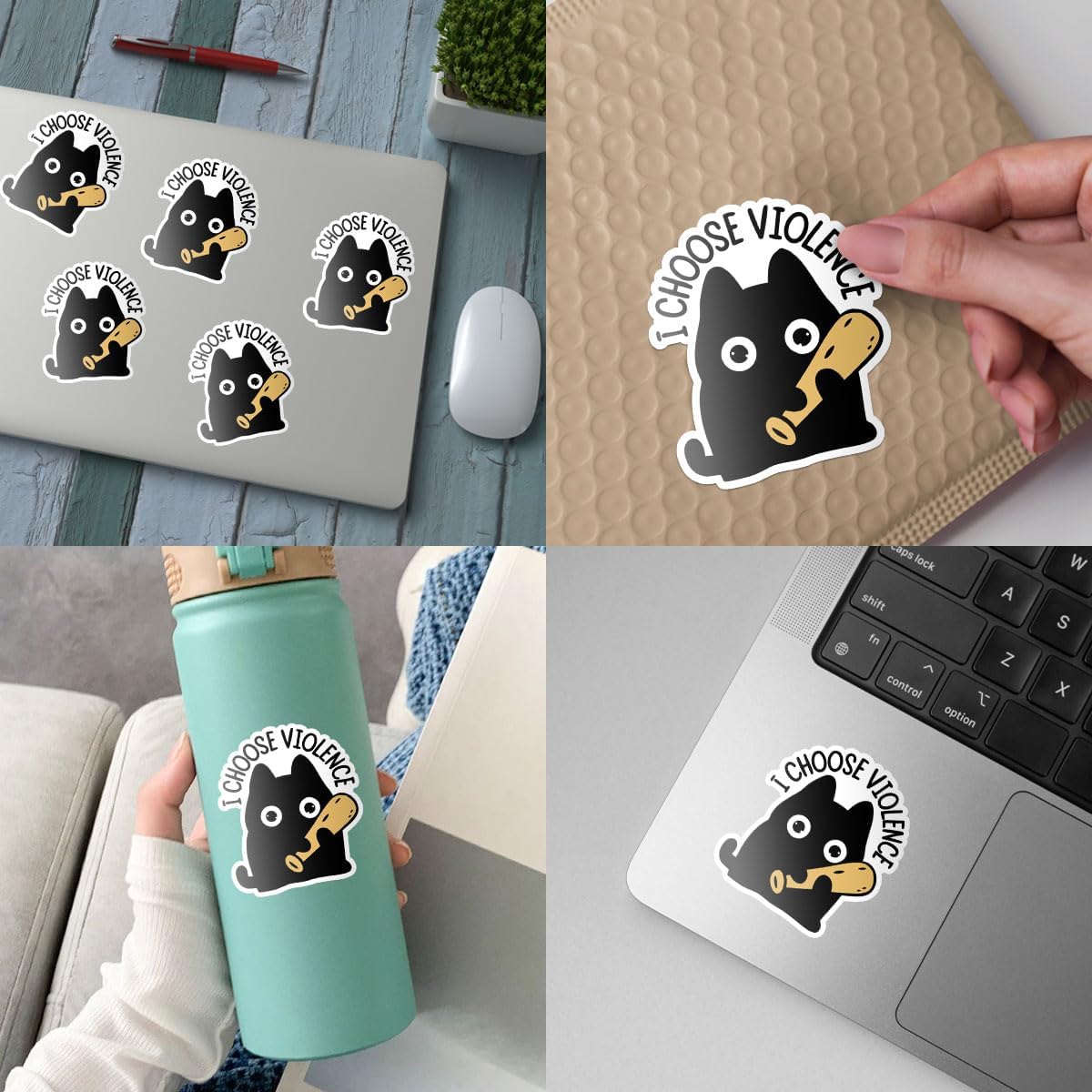 3 Pcs I Choose Violence Sticker, Cute Black Cat Sticker, Funny Bumper Sarcastic Water Assistant Funny Quotes Stickers - Vinyl Stickers for Water Bottles Laptop Phone Car Window Helmet 3 Inches