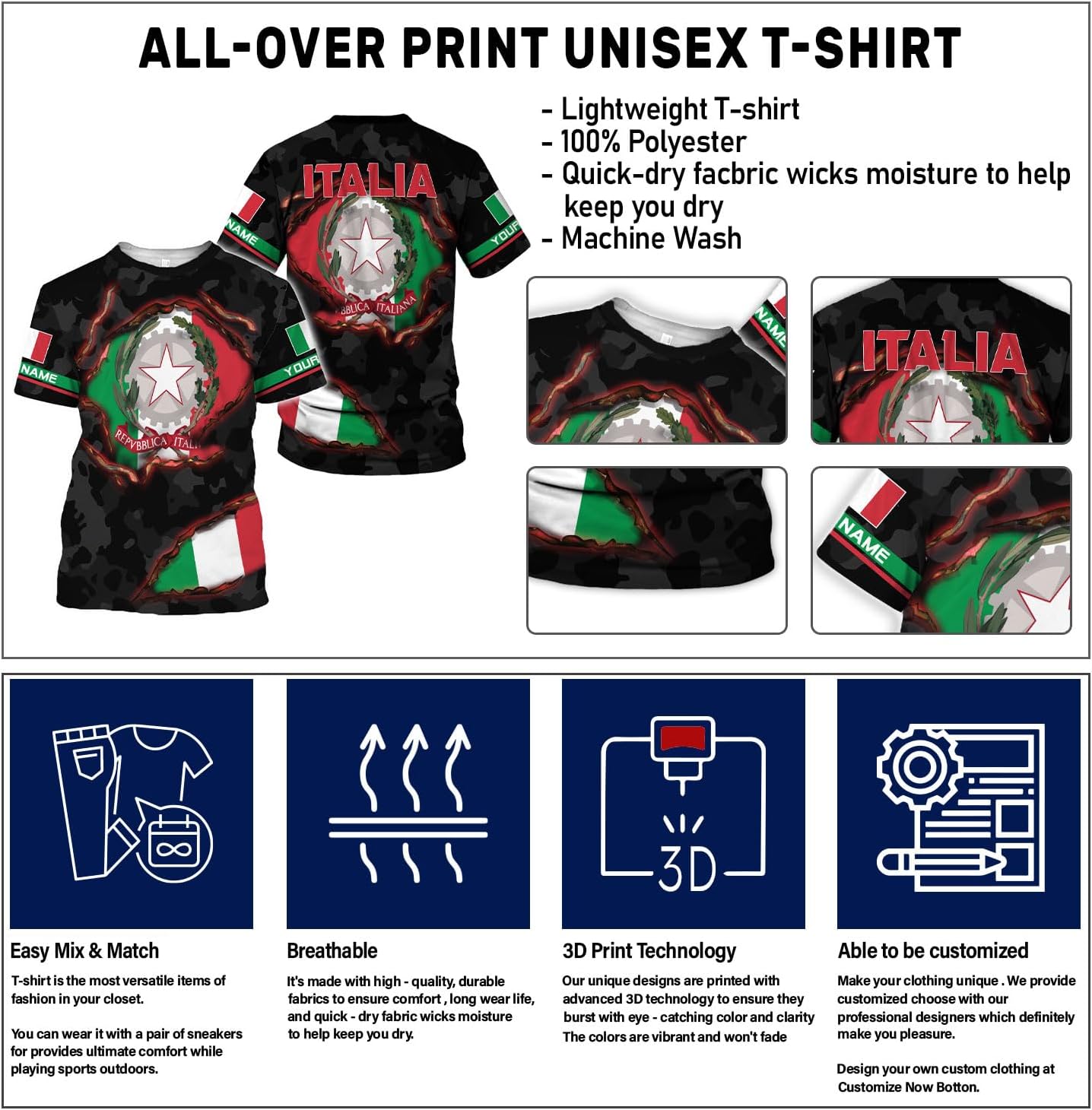 Ligthuy Personalized Name Italy Shirt 3D, Custom Italian Shirt Flag for Men and Women, Italia Shirt Soccer Unisex Size