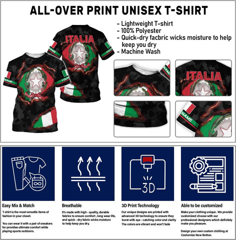Ligthuy Personalized Name Italy Shirt 3D, Custom Italian Shirt Flag for Men and Women, Italia Shirt Soccer Unisex Size