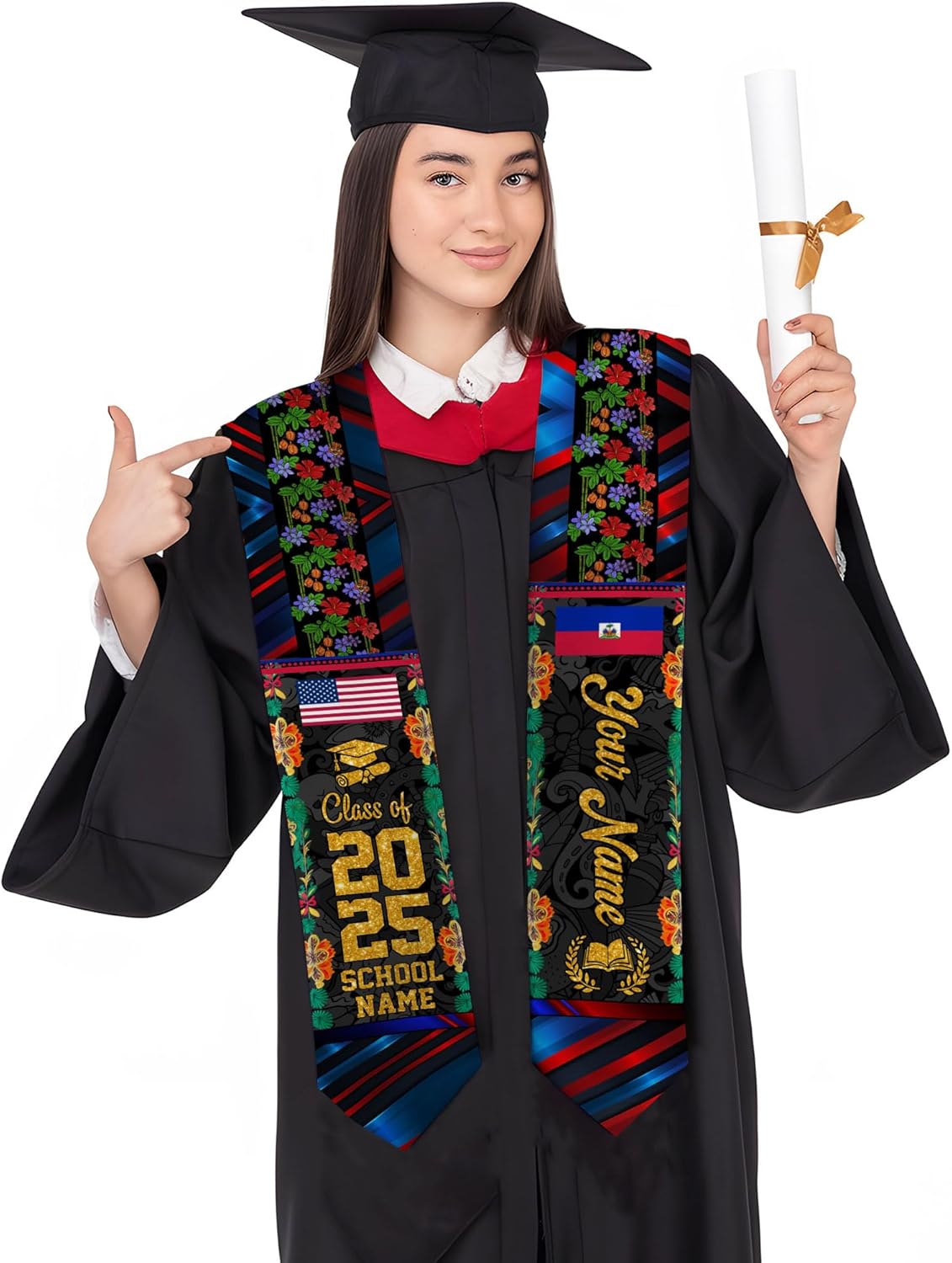 Pretyprints Haitians Graduation Sash, Haiti Graduation Stole Custom, Personalized Haitians American Flag Graduation Sash 2025