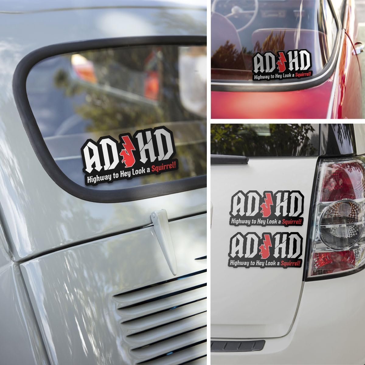 (3 Pcs) ADHD Stickers - AD/HD Highway to Hey Look a Squirrel, Funny 5 Inch Vinyl Truck Decals for Windows, Cars, Trucks, Laptops, Water Bottles - Squirrel Sticker, Funny Window Stickers