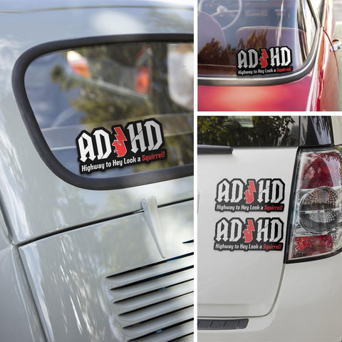 (3 Pcs) ADHD Stickers - AD/HD Highway to Hey Look a Squirrel, Funny 5 Inch Vinyl Truck Decals for Windows, Cars, Trucks, Laptops, Water Bottles - Squirrel Sticker, Funny Window Stickers