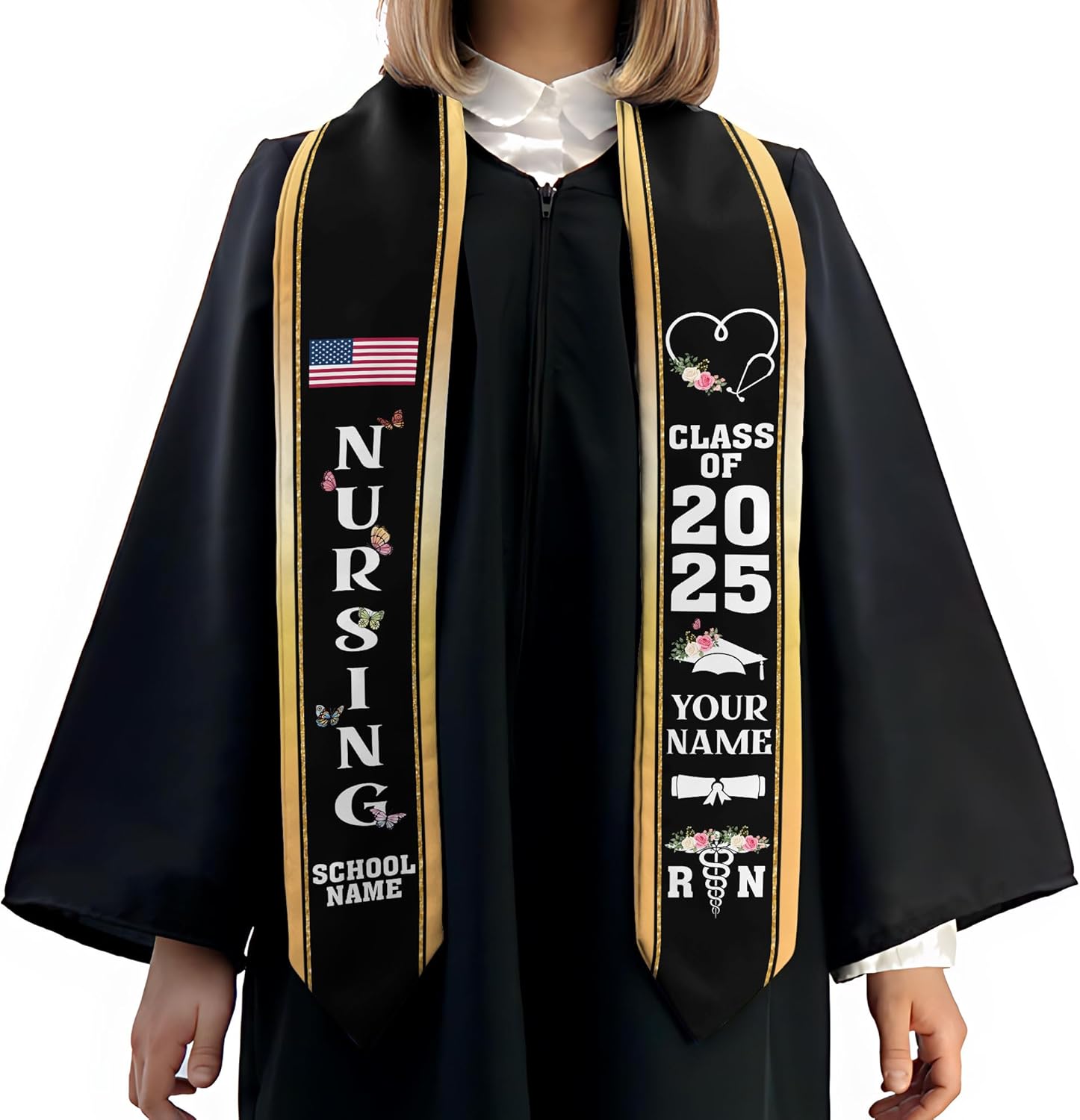 Pretyprints Custom Nurse Sash Graduation, RN Graduation Stole Gifts for Friends Nursing Student Senior Class Of 2025
