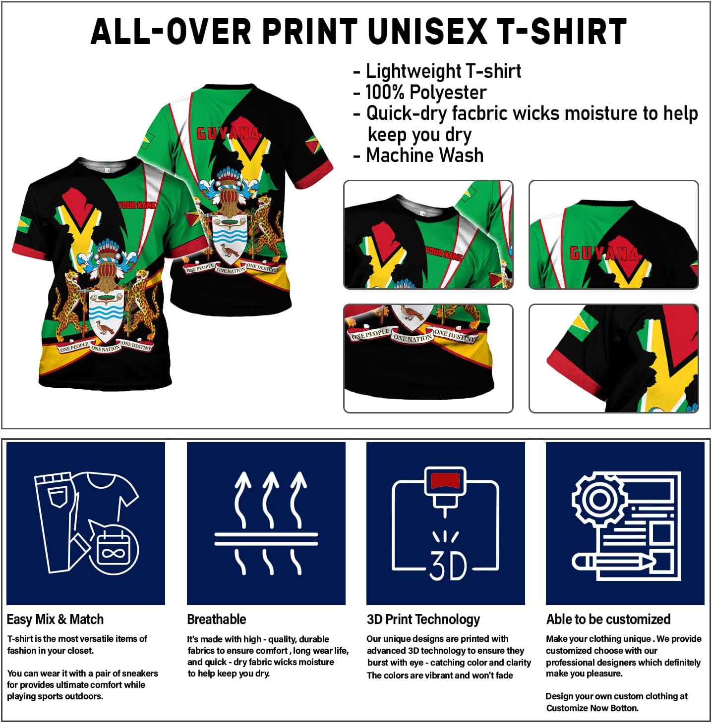 Rivelus Personalized Name 3D Shirt, Guyana Tshirt for Men Women, Guyanese Flag Pride Shirts, Guyana Gift S-5XL