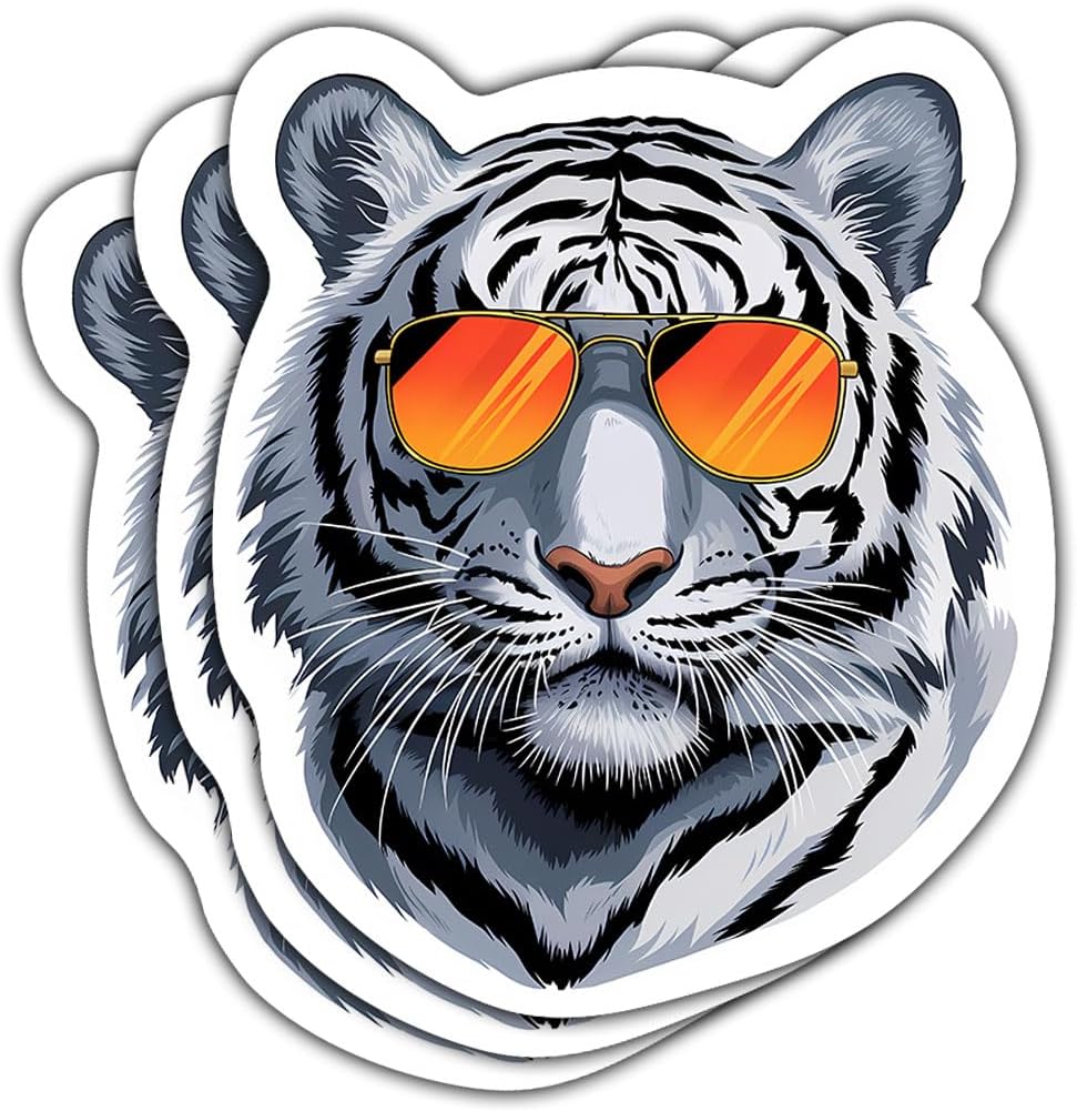 (3Pcs) Cool Animal Vinyl Sticker, Tiger Sunglasses Sticker, Tigress Decal, White Tiger's Head Bumper Sticker - Stickers for Laptop Water Bottle Car Helmet 3" (White Tiger Head)