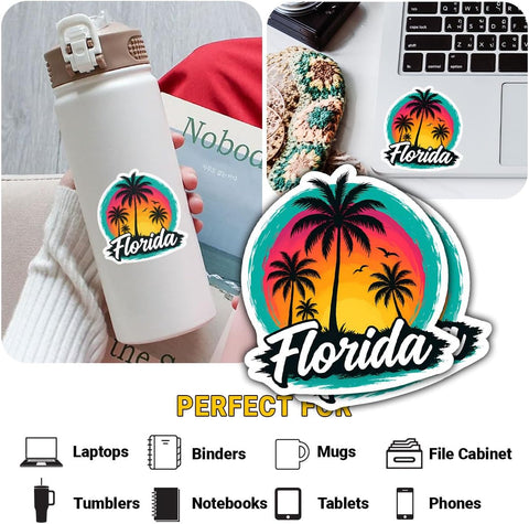 Florida Sunset Tropical Palm Tree Beach 3" sticker, Vinyl Decal Waterproof for Laptop, Water Bottle, Car, Journal, Travel Scrapbook – Retro Florida Vacation Sticker for Beach Lovers