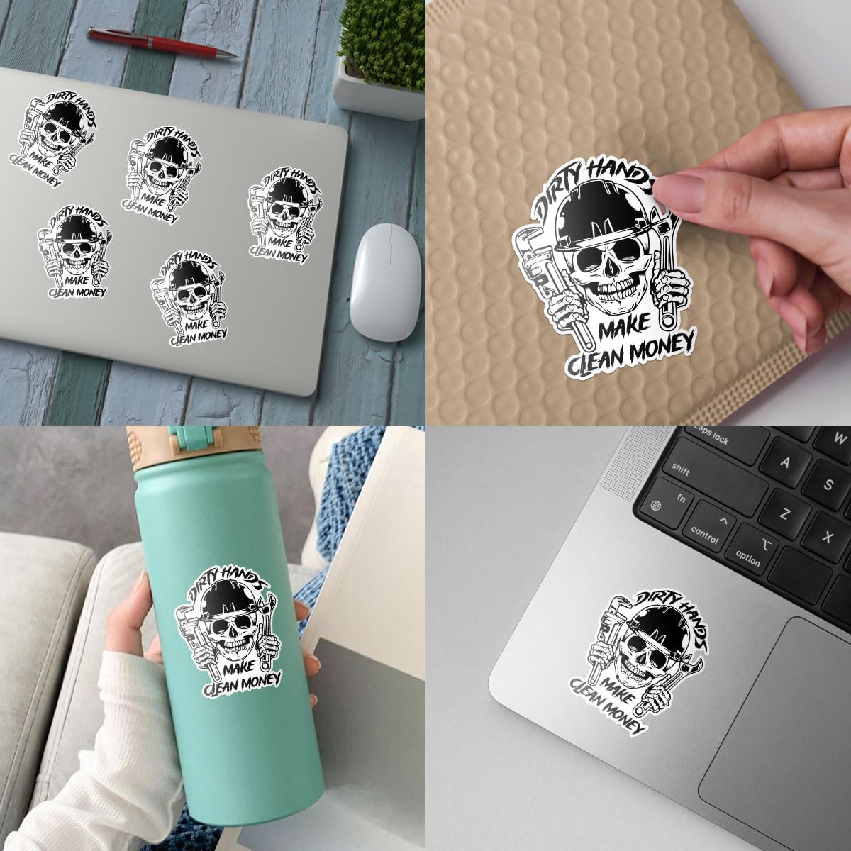 (3PCs) Dirty Hands Make Clean Money Skull Mechanic Sticker, Hard Hat Sticker, Mechanic Life Vinyl Decal Electrician Lineman Tool Box Sticker - Stickers for Laptop Water Bottle Phone Car Helmet 3"