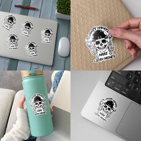(3PCs) Dirty Hands Make Clean Money Skull Mechanic Sticker, Hard Hat Sticker, Mechanic Life Vinyl Decal Electrician Lineman Tool Box Sticker - Stickers for Laptop Water Bottle Phone Car Helmet 3"