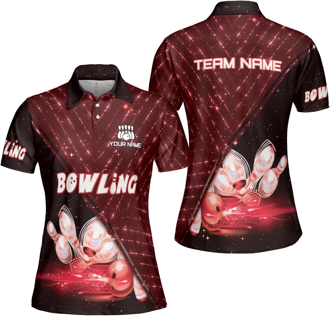 Custom 3D Bowling Polo Shirts for Women Personalized Team Name Gift Womens Customized Funny Bowling Short Sleeve Polo Shirt