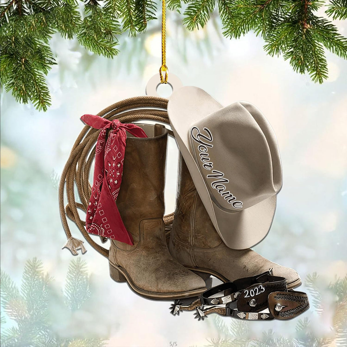 Royalbro Personalized Cowboy Christmas Ornaments, Cowboy Boots and Hat Ornament for Cowboy, Saddle Ornament, Cowboy Cowgirl Horseback Riding Ornament Tree Hanging Ornament (CB 10)