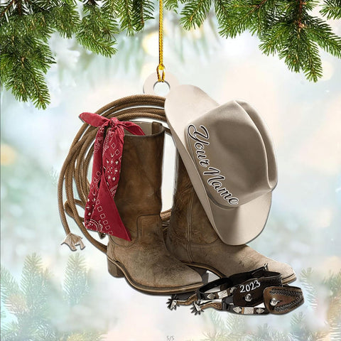 Royalbro Personalized Cowboy Christmas Ornaments, Cowboy Boots and Hat Ornament for Cowboy, Saddle Ornament, Cowboy Cowgirl Horseback Riding Ornament Tree Hanging Ornament (CB 10)