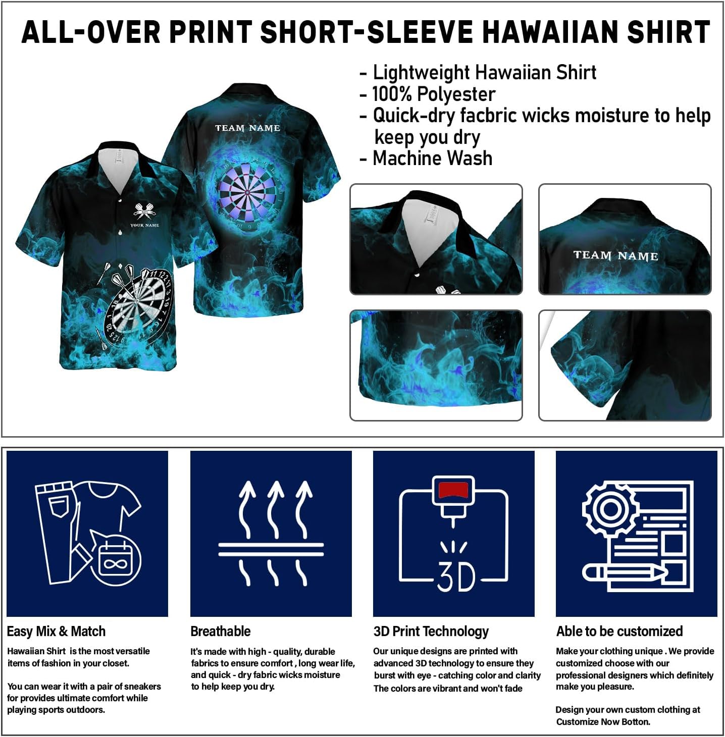 Generic Personalized Dart Hawai Shirt - Men's Unisex-Adults Hawaiian Dart Team League Hawaiian Shirt - Short Sleeve Button Down - Multi, Large